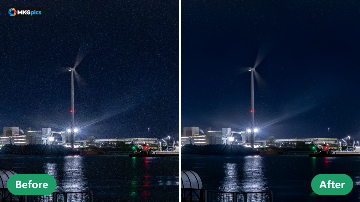 Before and after batch photo noise reduction AI