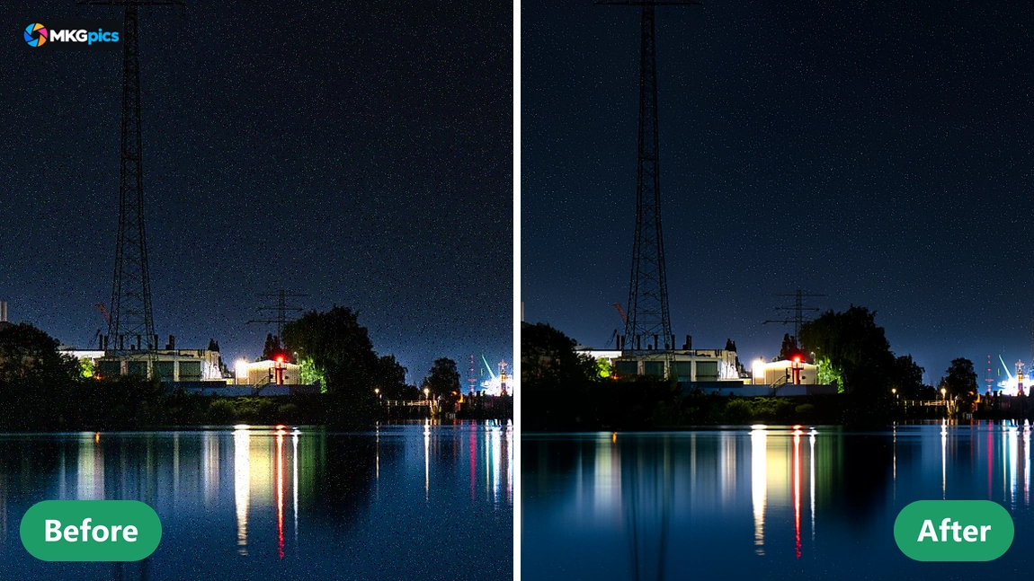 Before and after AI photo noise reduction