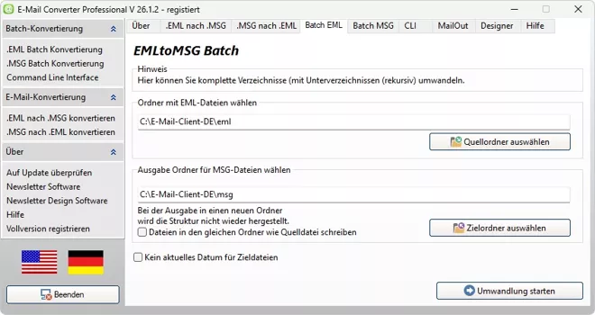 EMLtoMSG Batch Converter komplette Ordner mit Unterordnern in MSG konvertieren