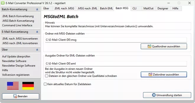 MSGtoEML Batch Converter komplette Ordner mit Unterordnern in EML konvertieren