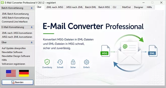 E-Mail Converter Professional Programmoberfläche für MSGtoEML und EMLtoMSG