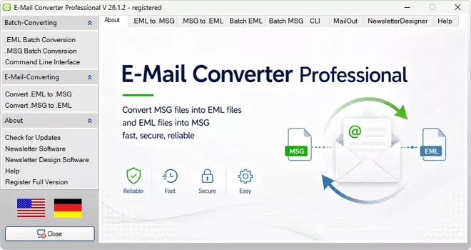 Interfaccia utente di E-Mail Converter Professional per MSGtoEML ed EMLtoMSG