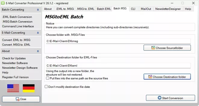 MSGtoEML Batch Converter convert complete folders with subfolders to EML